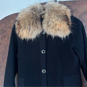 Vintage Real Fur Collar Black Long Cardigan